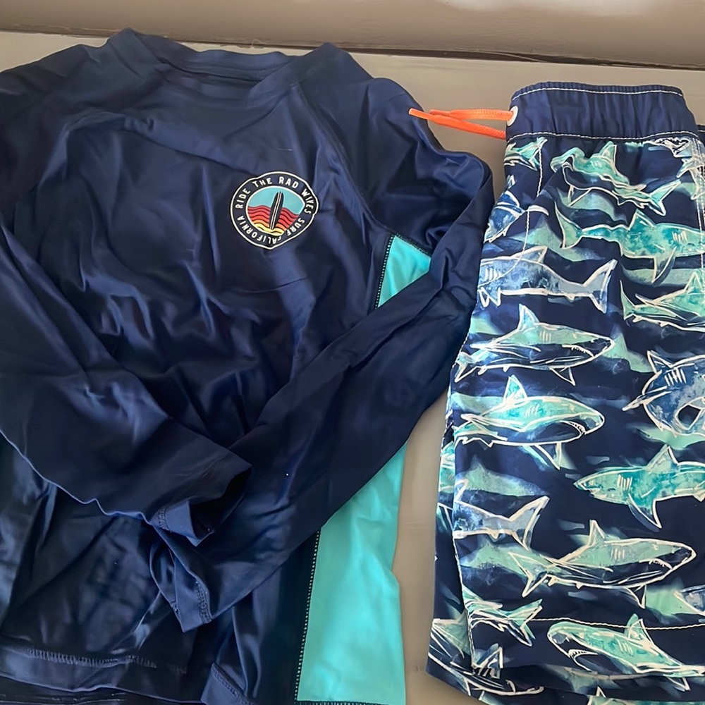 Boys Swim Trunks and Rash Guard sz S 6/7